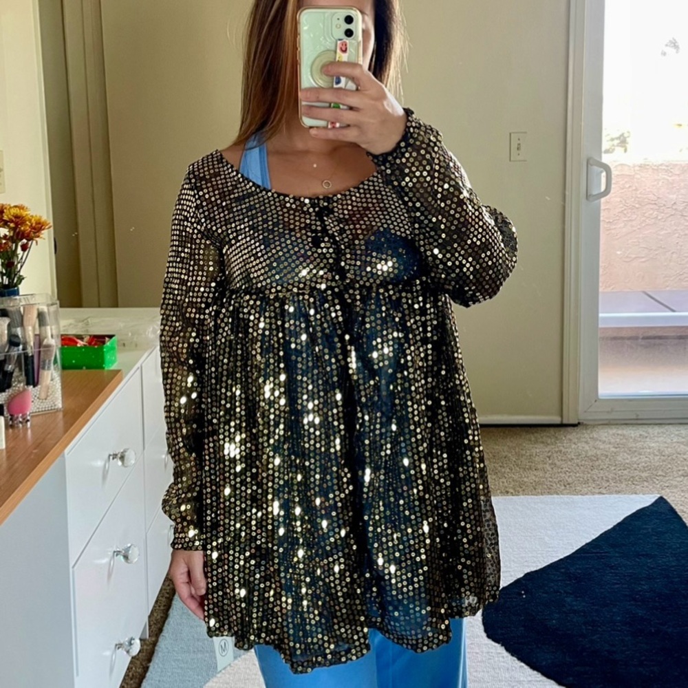 Vanity 80s VTG vintage gold sequin empire waist tunic blouse size M medium NWT